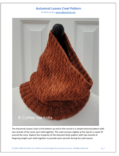 A close-up view of an Autumn Leaves cowl made with rich, warm brown yarn, displayed on a mannequin. The cowl features a textured knit pattern and is designed to provide warmth during cold weather.