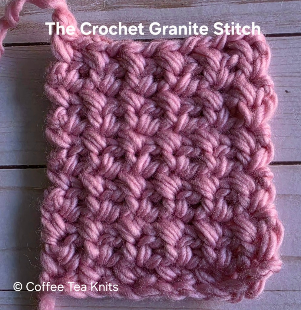 A square of crochet work showcasing the granite stitch in a light pink yarn, with a textured pattern. The top of the image features the text 'The Crochet Granite Stitch'.