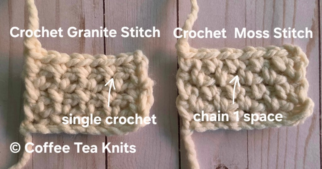 A crochet swatch demonstrating the Granite Stitch on the left labeled 'Crochet Granite Stitch' with an arrow pointing to a single crochet, and the Moss Stitch on the right labeled 'Crochet Moss Stitch' with an arrow pointing to a chain 1 space, both made with light-colored yarn.